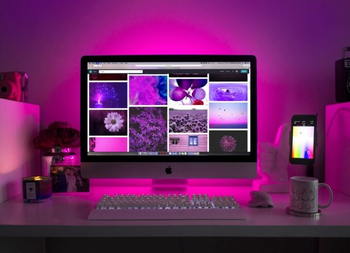 Creative studio workspace lit in colour
