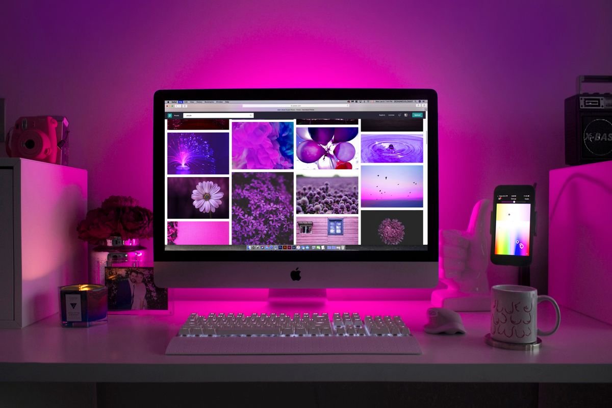 Creative studio workspace lit in colour