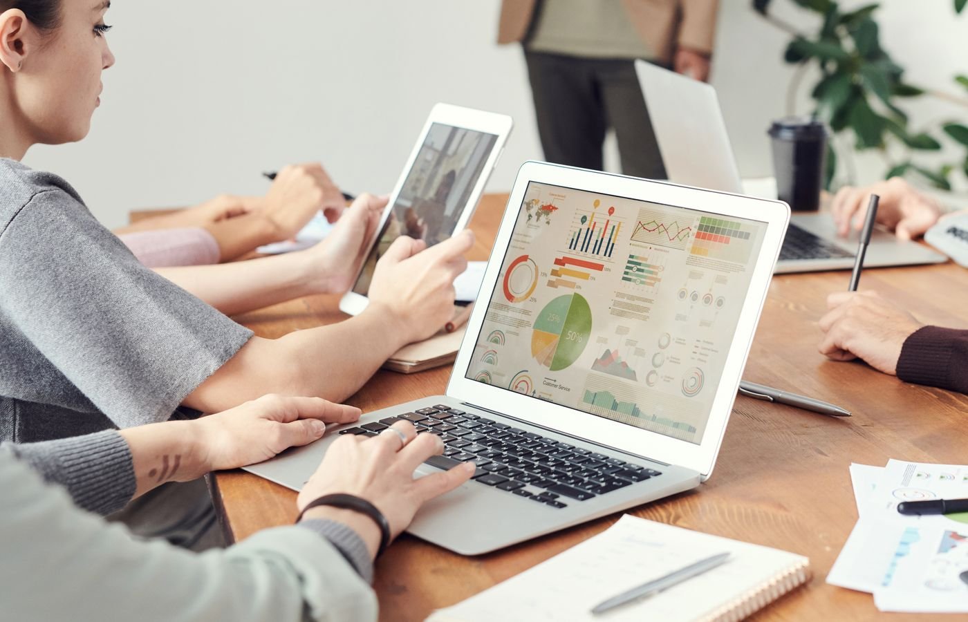 A team reviewing content performance and search data together